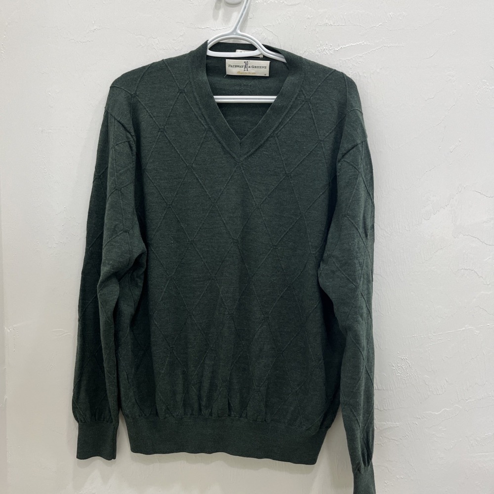 Fairway & Greene Sweater Mens L Green‎ Good Italian Merino V-Neck Diamond Knit